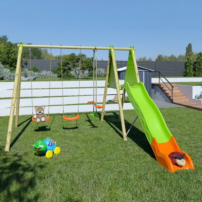 Balançoire en bois poutre métal Techwood OPTIMA Trigano 2,30 m avec toboggan - 6 enfants