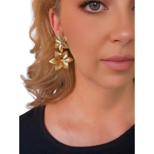 Pendiente doble flor colgante laton dorado