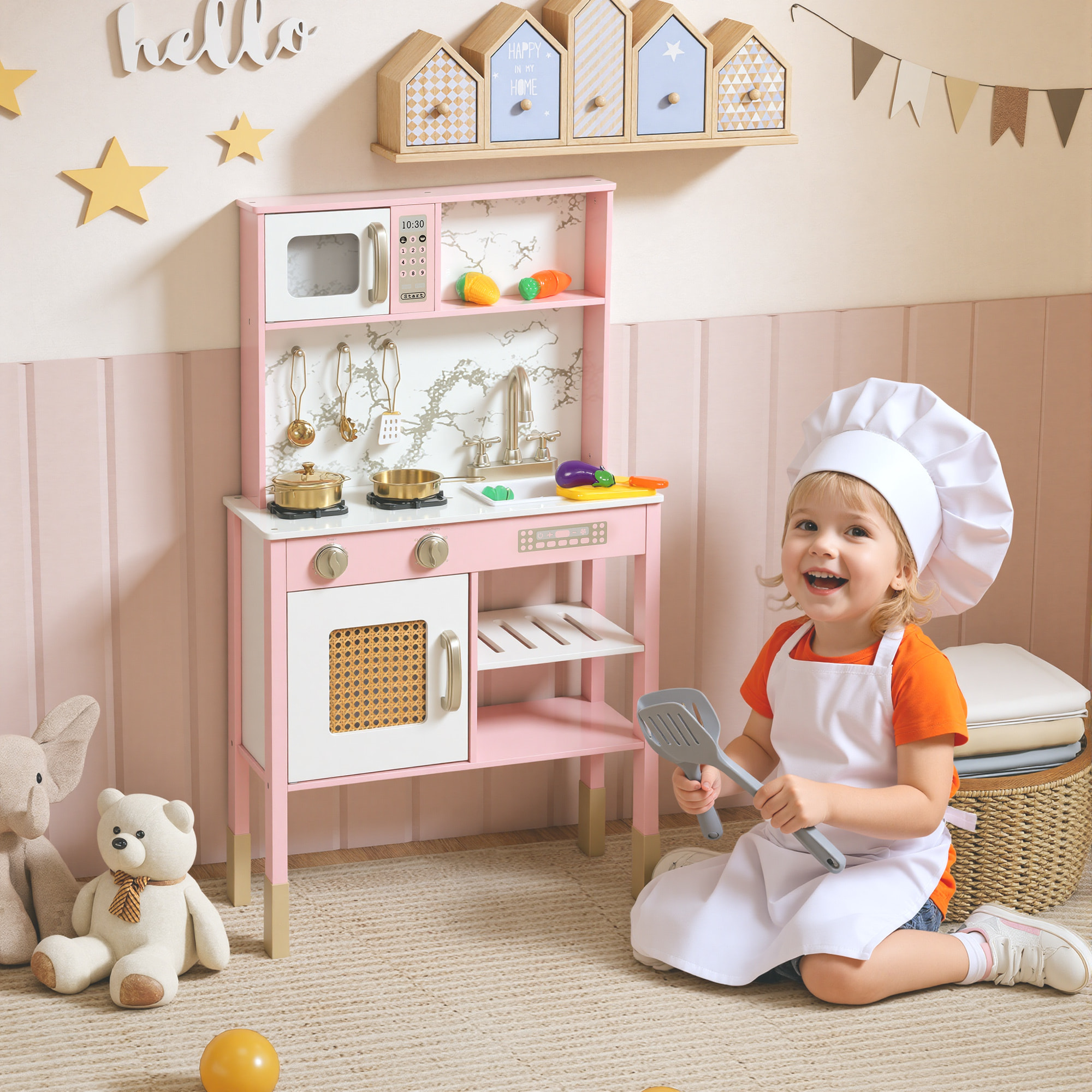 Cocina de Juguete de Madera con Sonido, Cocinita Infantil con Accesorios de Acero Inoxidable, Microondas, Horno, Fregadero, Verduras para Cortar, para Niños a Partir de 3 Años, Rosa