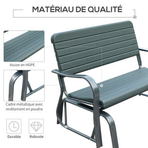 Banc à bascule de jardin 2 places - accoudoirs, assise, dossier ergonomique - métal époxy HDPE effet grain bois vert fougère