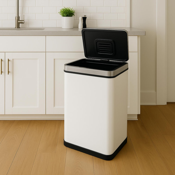 Cubo de basura color blanco en acero inoxidable con sensor automático y filtro antiolor.