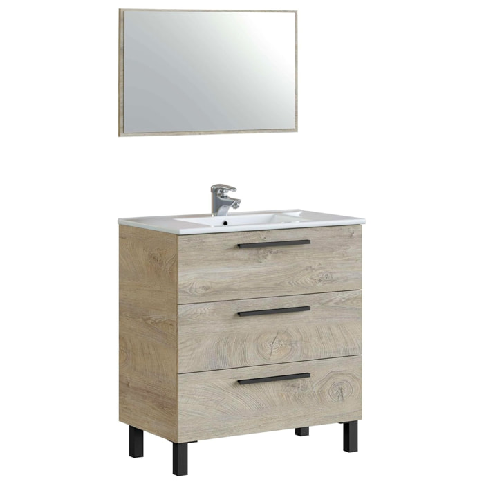 Mobile Bagno A Terra Con 3 Cassetti Lavabo In Ceramica E Specchio 77 x 50 Cm Inclusi Design Moderno Salvaspazio 80 x 45 x 86 Cm Colore Rovere Alaska