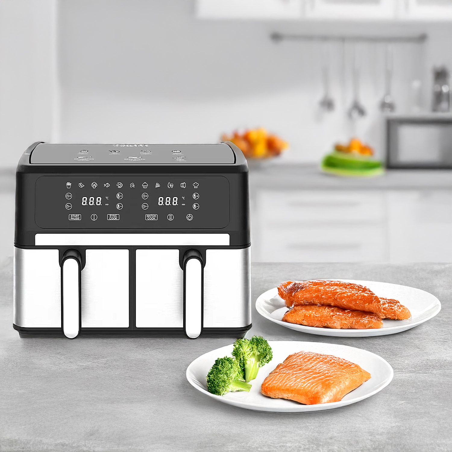 Freidora de aire sin aceite de 3000w doble cesta con 10L de capacidad totales. Panel digital multifunción con temporizador y alarma de finalización.