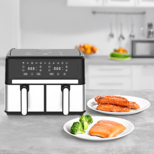 Freidora de aire sin aceite de 3000w doble cesta con 10L de capacidad totales. Panel digital multifunción con temporizador y alarma de finalización.