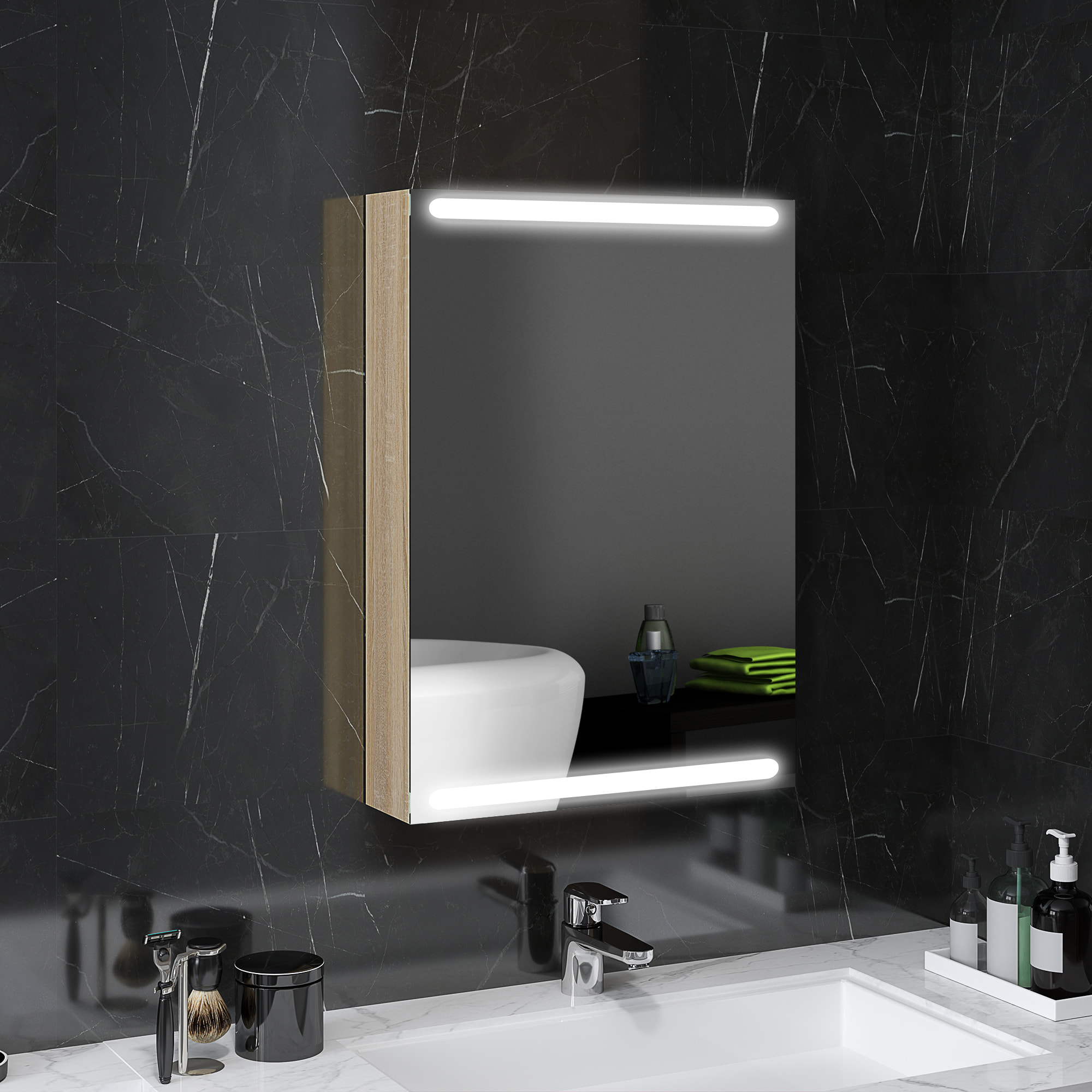 Armoire murale salle de bain  1 porte miroir lumineux LED intégré 50 x 70 cm 2 étagères verre effet bois