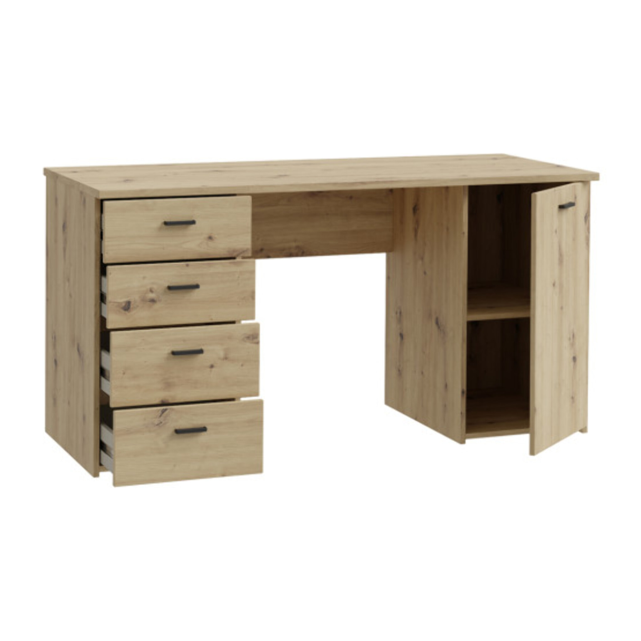 Bureau droit 1 placard 4 tiroirs 145 cm décor en bois chêne - GOTHAM