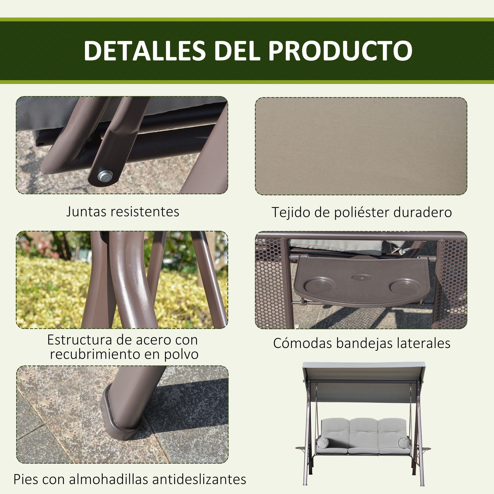Columpio Balancín de Jardín de 3 Plazas con Techo Parasol 2 Cojines Bandeja para Bebidas y Marco de Metal para Terraza Balcón Exterior Carga Max. 360 kg 116x206x183 cm Gris