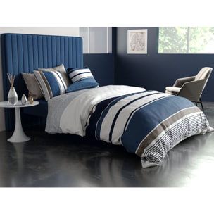 Parure housse de couette coton bleu gris