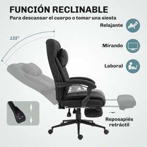Silla de Oficina Reclinable Silla de Escritorio Giratoria Tapizado en Lino Sintético Altura Ajustable Reposapiés Reposacabezas y Reposabrazos Carga 150 kg para Estudio 66x76x112-120 cm Negro