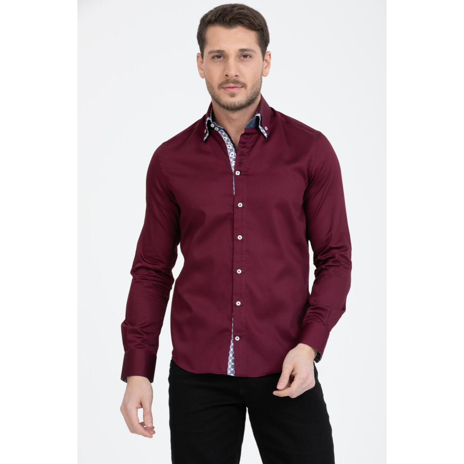 Camicia Uomo 2 Bottoni Button Down 7bottoni Doppio Coll Satin Unito Bordeaux