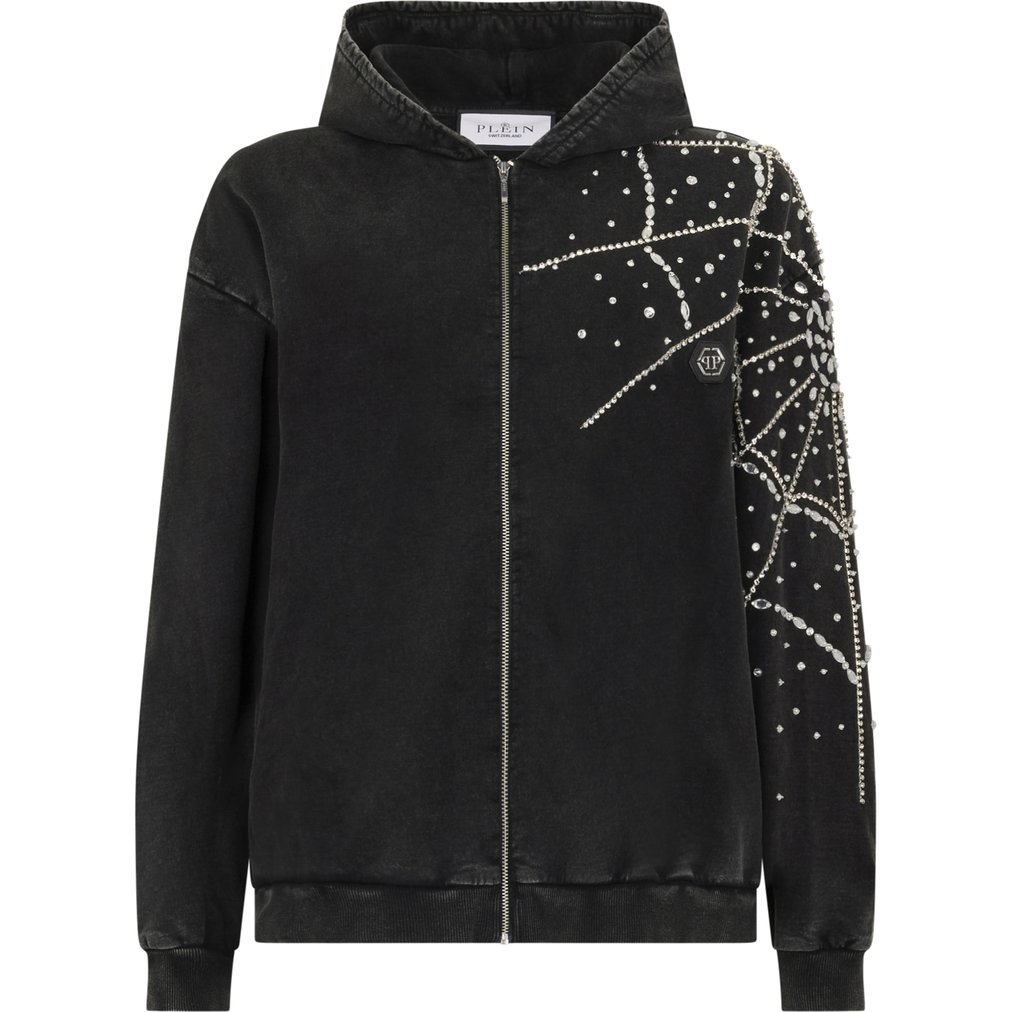 PHILIPP PLEIN Washed Zip Hoodie Spiderweb Strass