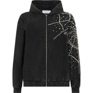 PHILIPP PLEIN Washed Zip Hoodie Spiderweb Strass