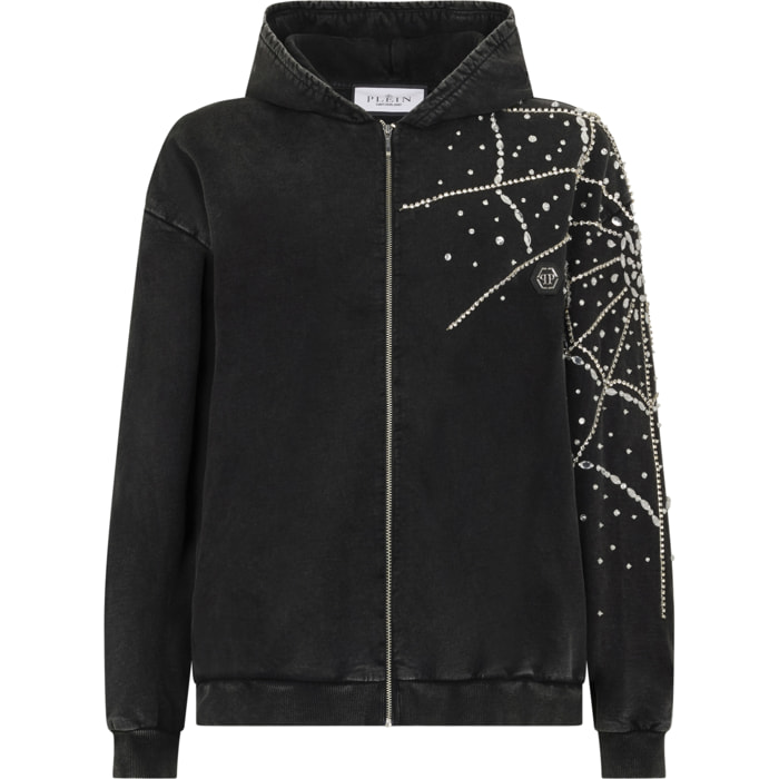 PHILIPP PLEIN Washed Zip Hoodie Spiderweb Strass