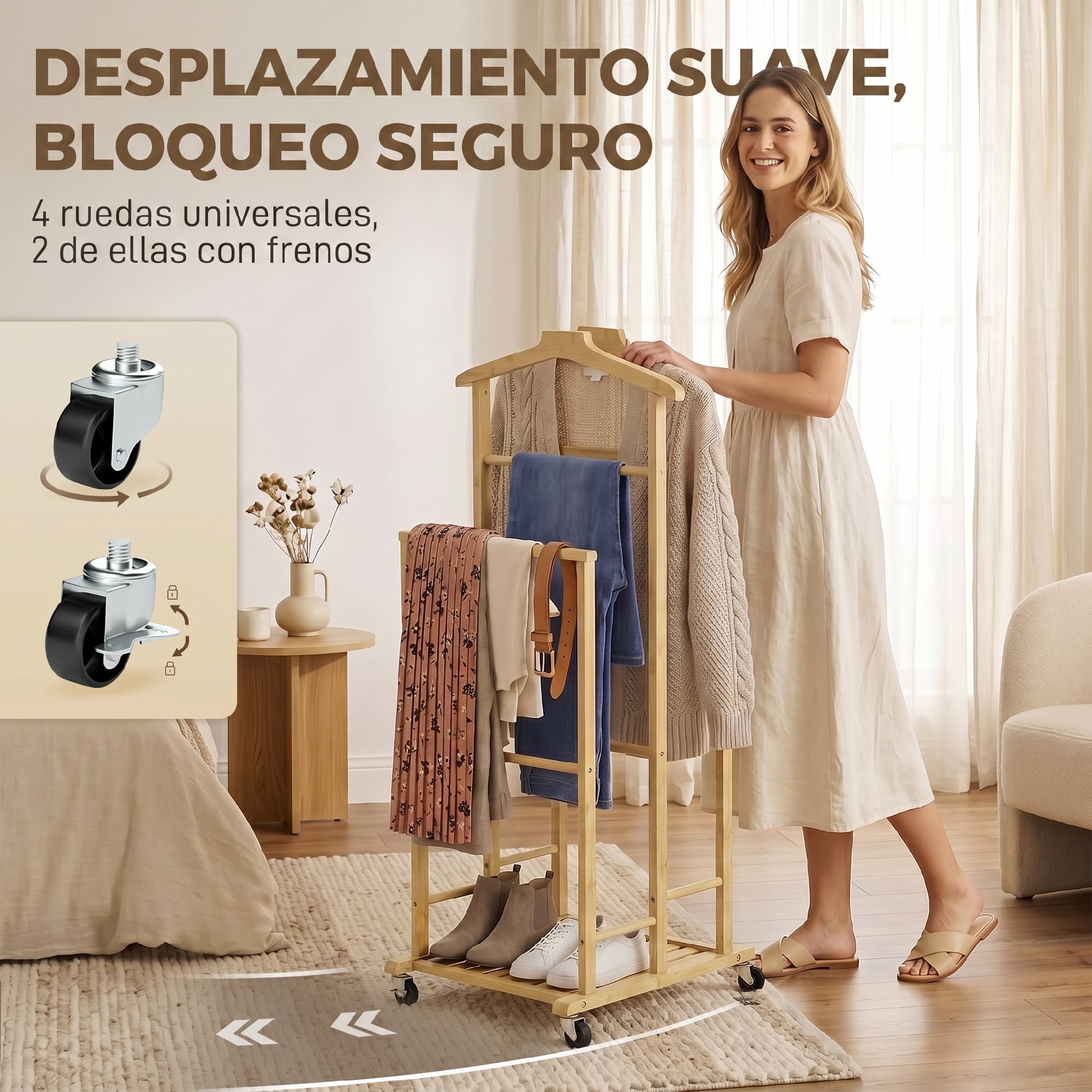 Galán de Noche de Bambú, Perchero Burro con Ruedas, Barras para Ropa, Soporte para Pantalones, Bandeja y Estante Inferior, Perchero para Dormitorio, 41x50x105 cm, Natural