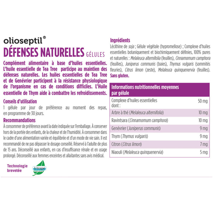 OLIOSEPTIL - Défenses Naturelles - Association de 6 Huiles Essentielles Pures et Chémotypées en Gélules Végétales L-Vcaps® - Dès 15 Ans - Aide à soutenir les défenses naturelles - Lot de 3 produits