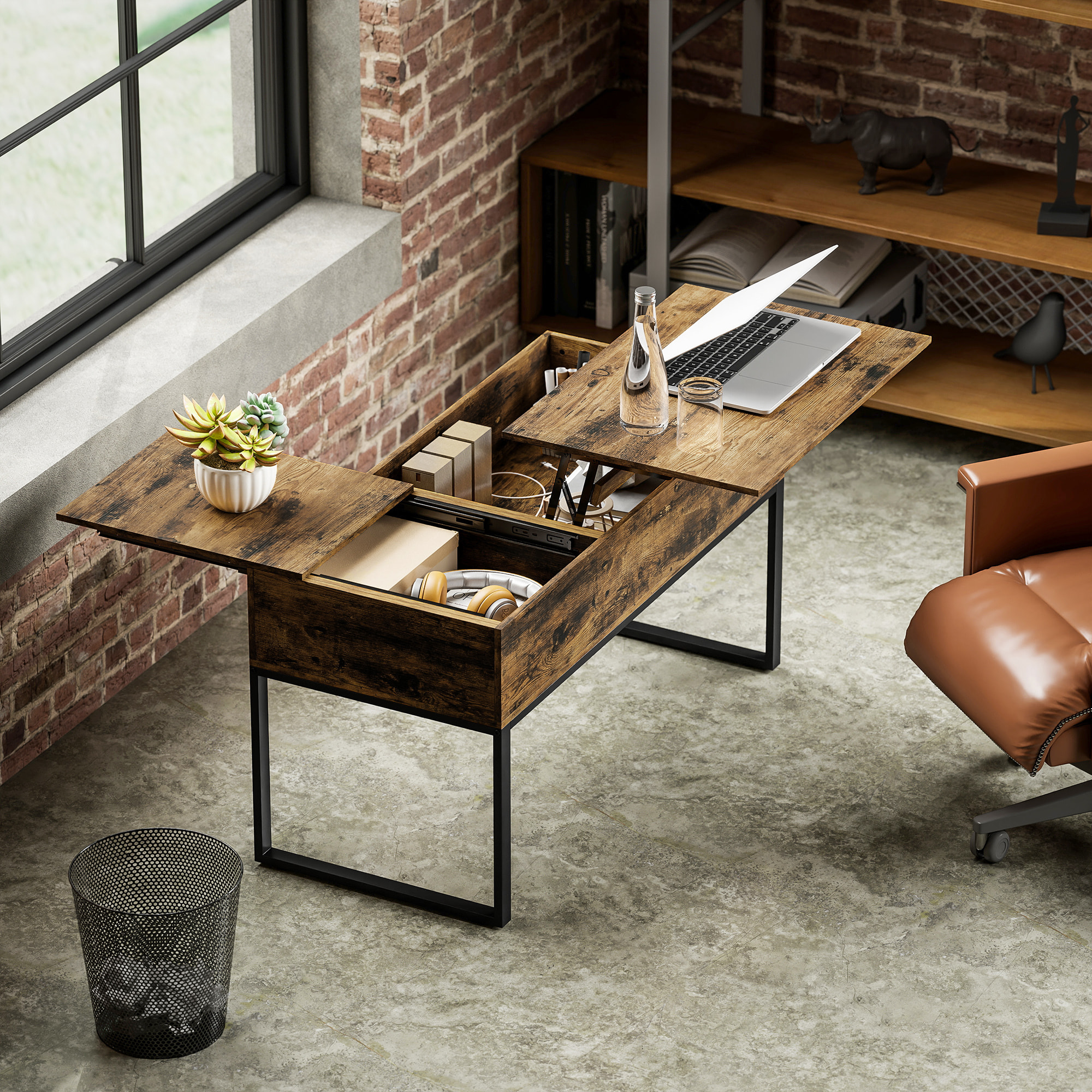 Mesa de Centro Elevable Mesa de Café con Encimera Deslizante Cierre Suave Espacio Oculto de Almacenaje 100x45x67 cm Marrón Rústico