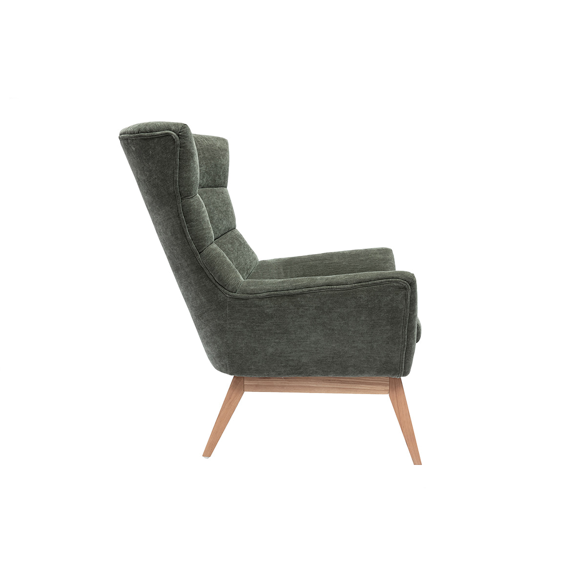 Fauteuil scandinave en tissu effet velours vert kaki et bois clair BRODY