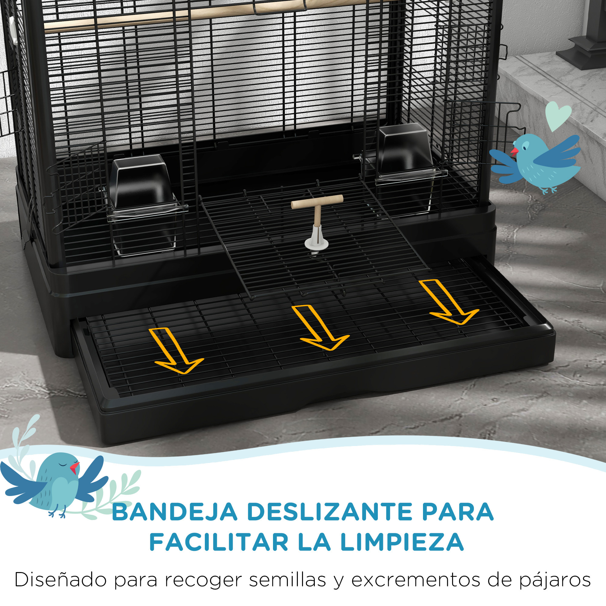 Jaula para Pájaros 61x36,5x98 cm Pajarera con Puertas Perchas Bandeja Extraíble Cajas de Comidas y Asas Jaula para Ninfas Periquitos Pinzones Canarios Negro