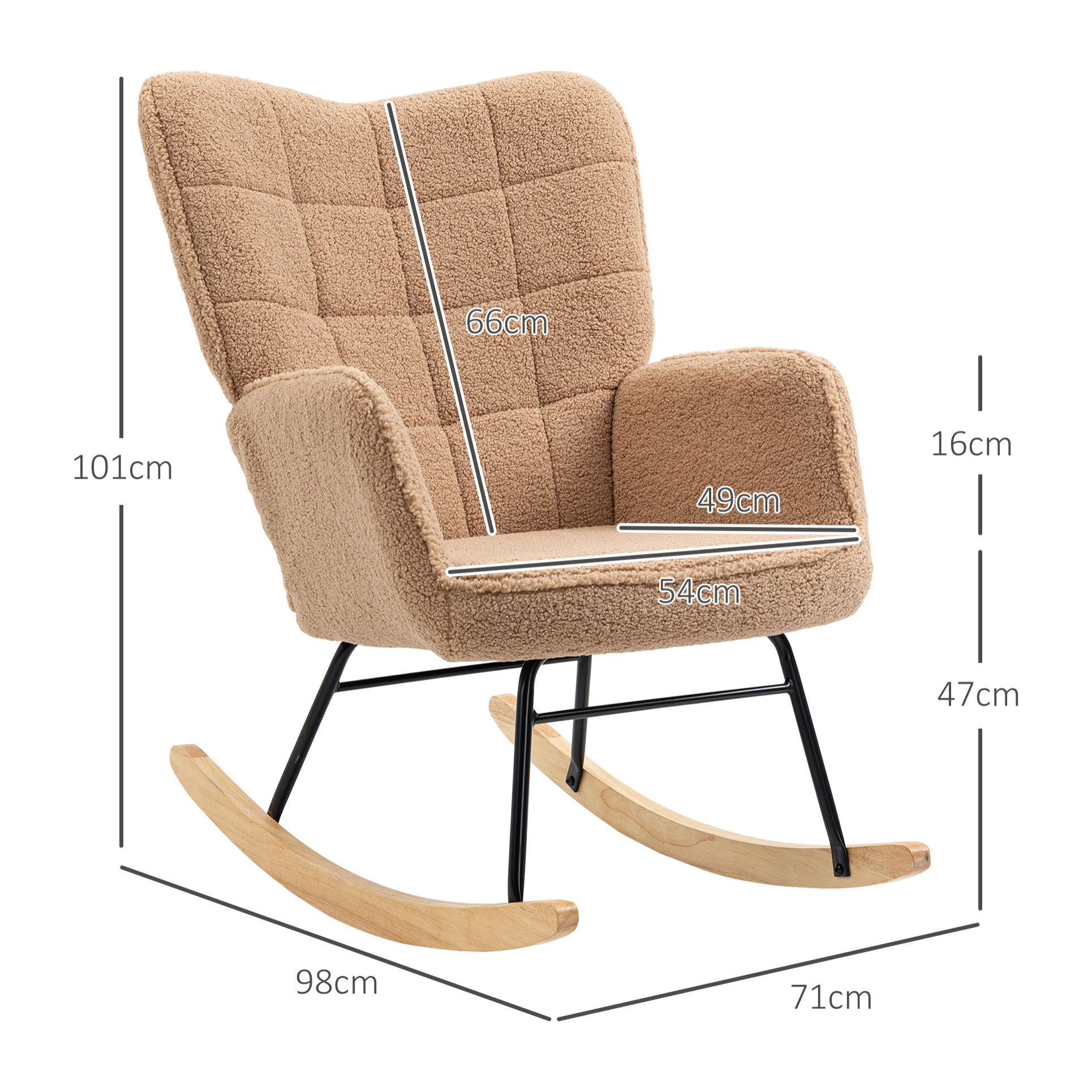 Fauteuil à bascule rocking chair revêtement effet laine bouclée, structure en acier 71 x 98 x 101 cm marron