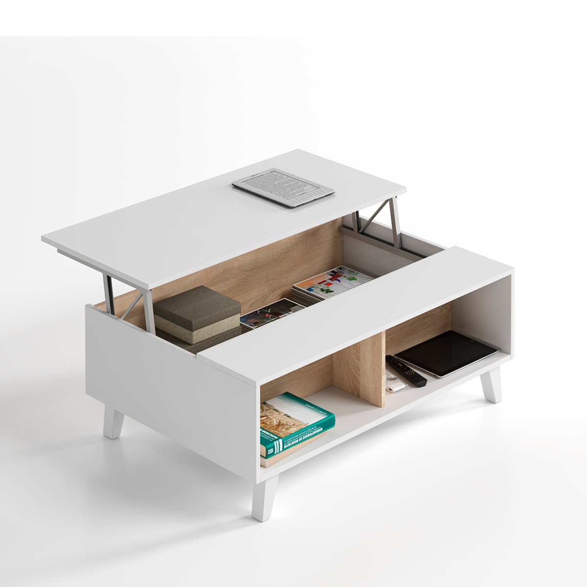 Mesa Centro Elevable 38x100x68 Cm Blanco Brillo/roble Canadian
