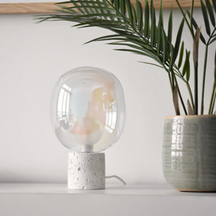 Lampe à poser en verre irisé et béton blanc H24 cm - Bulle