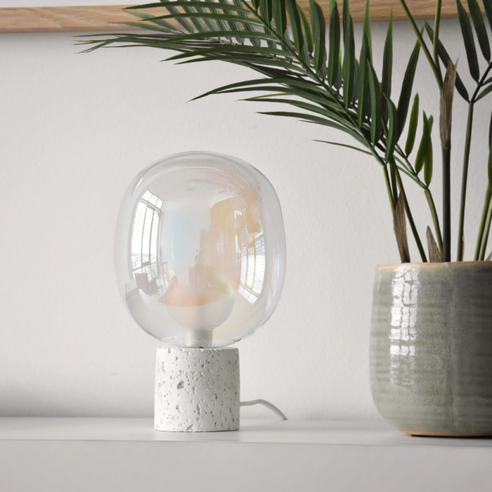 Lampe à poser en verre irisé et béton blanc H24 cm - Bulle