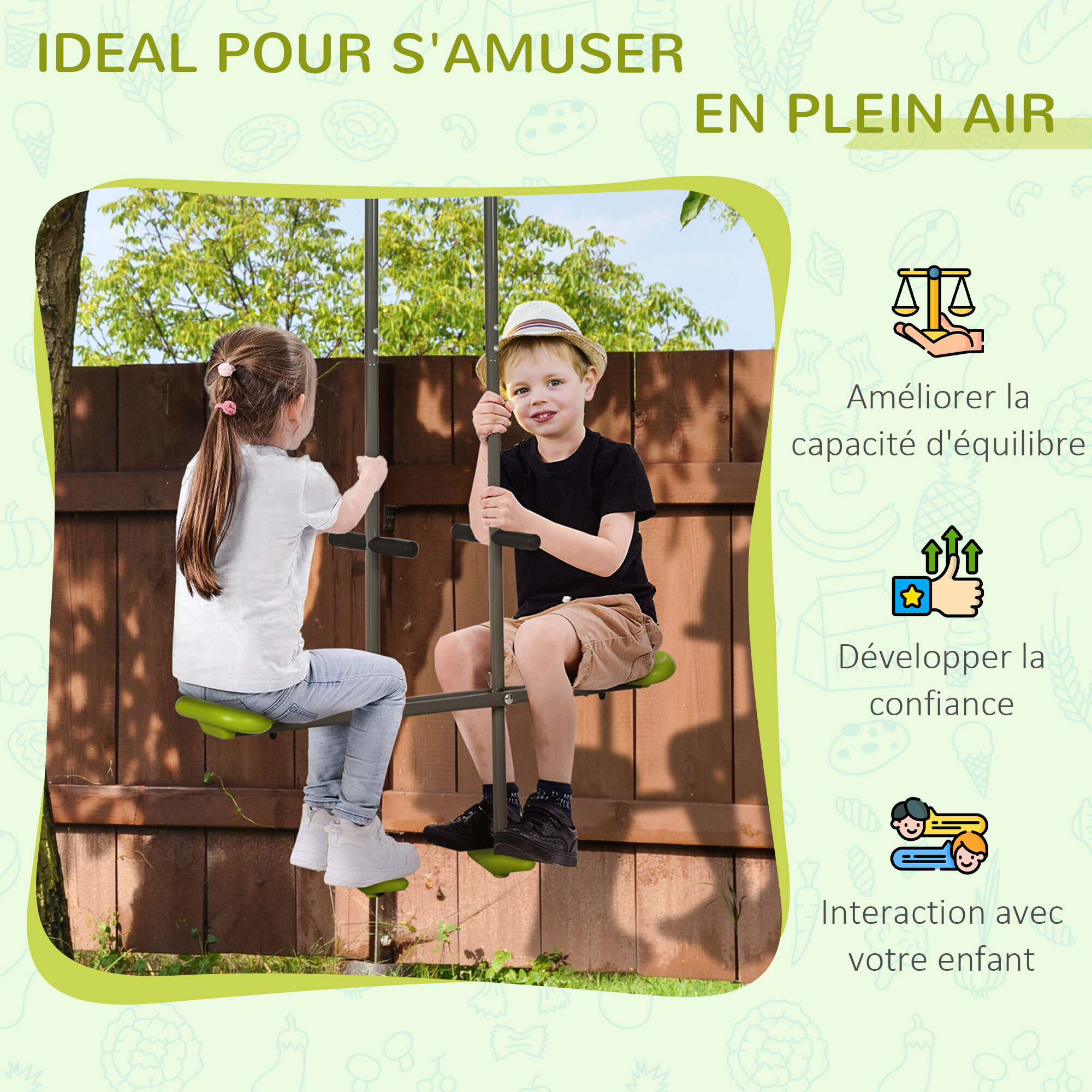 Balançoire agrès face à face enfant 3 à 6 ans - selles larges, guidon, repose-pied - gris vert