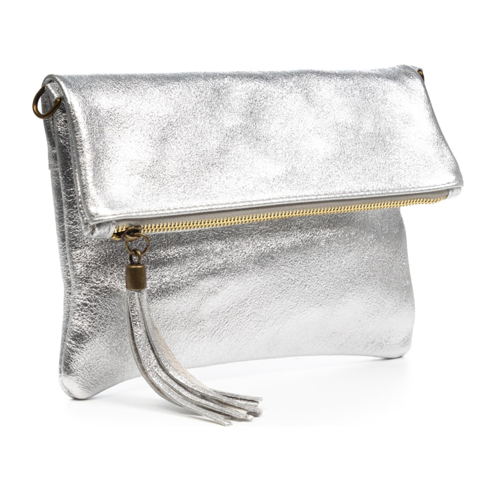 FIRENZE ARTEGIANI Alzano bolso bandolera mujer. Piel auténtica Gamuza lacada brillante. Fabricado en Italia 27x5x29 Cm. Color: Plata