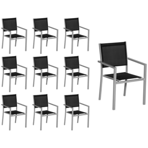 Lot de 10 chaises en aluminium gris - textilène noir