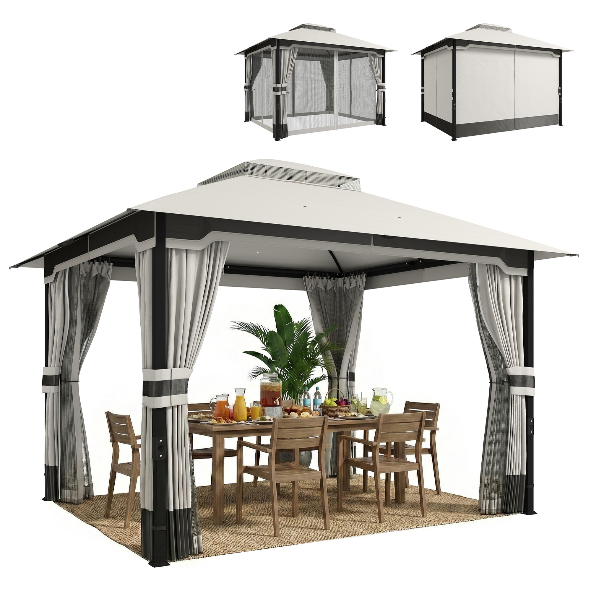 para Jardín 3x3,6 m, Pabellón de Jardín Gazebo con Doble Techo, 4 Paredes Laterales y Mosquitera, Estructura Metálica, Drenaje, Carpa para Exterior, Terraza, Patio, Gris Claro