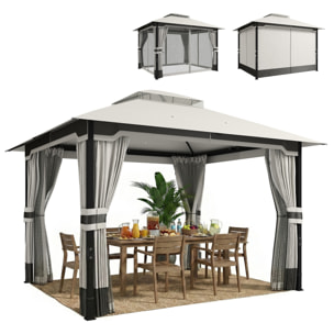 para Jardín 3x3,6 m, Pabellón de Jardín Gazebo con Doble Techo, 4 Paredes Laterales y Mosquitera, Estructura Metálica, Drenaje, Carpa para Exterior, Terraza, Patio, Gris Claro