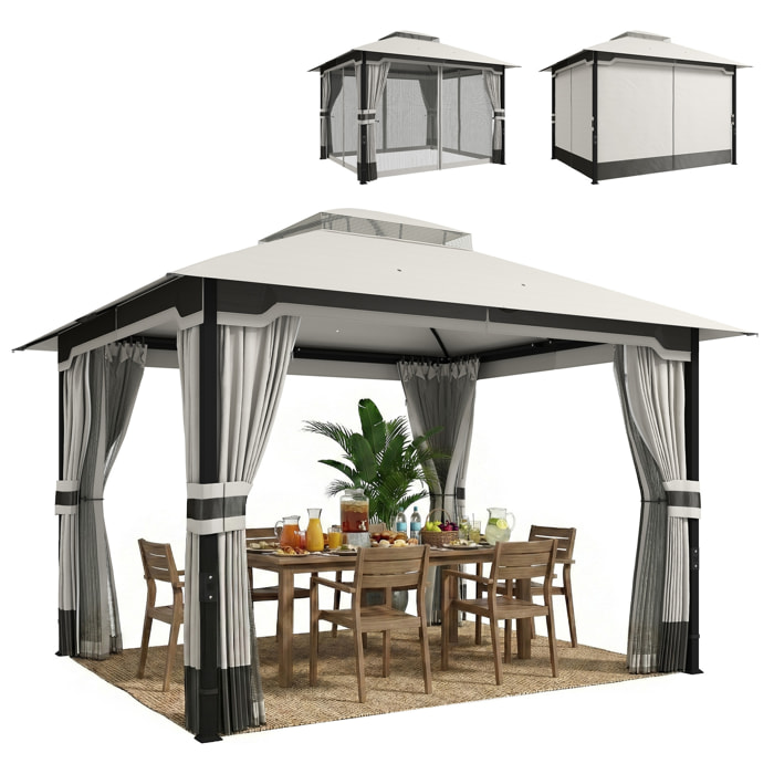 para Jardín 3x3,6 m, Pabellón de Jardín Gazebo con Doble Techo, 4 Paredes Laterales y Mosquitera, Estructura Metálica, Drenaje, Carpa para Exterior, Terraza, Patio, Gris Claro