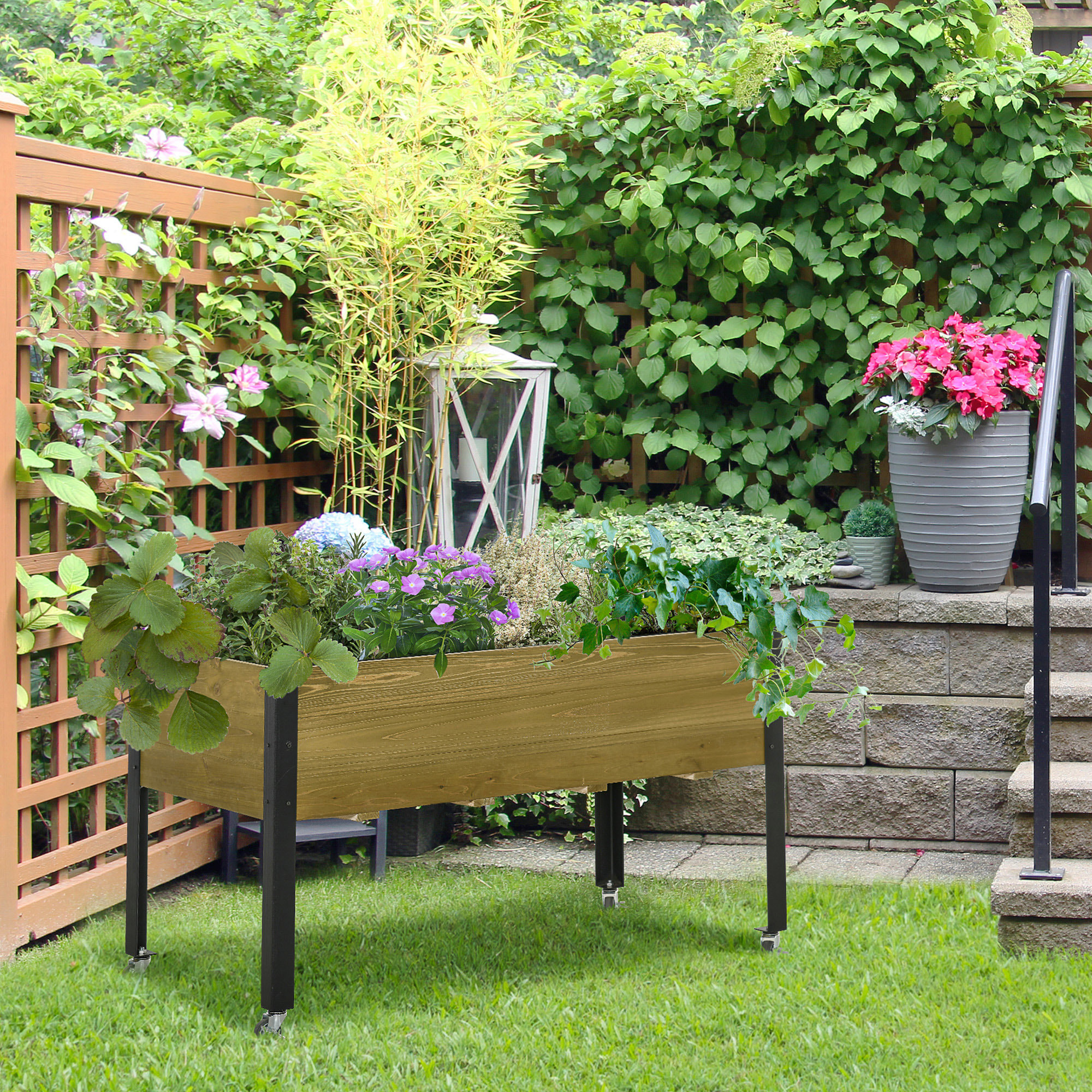 Jardinière sur pieds - potager sur roulettes - inserts d'irrigation, feutre de drainage inclus - bois sapin autoclave