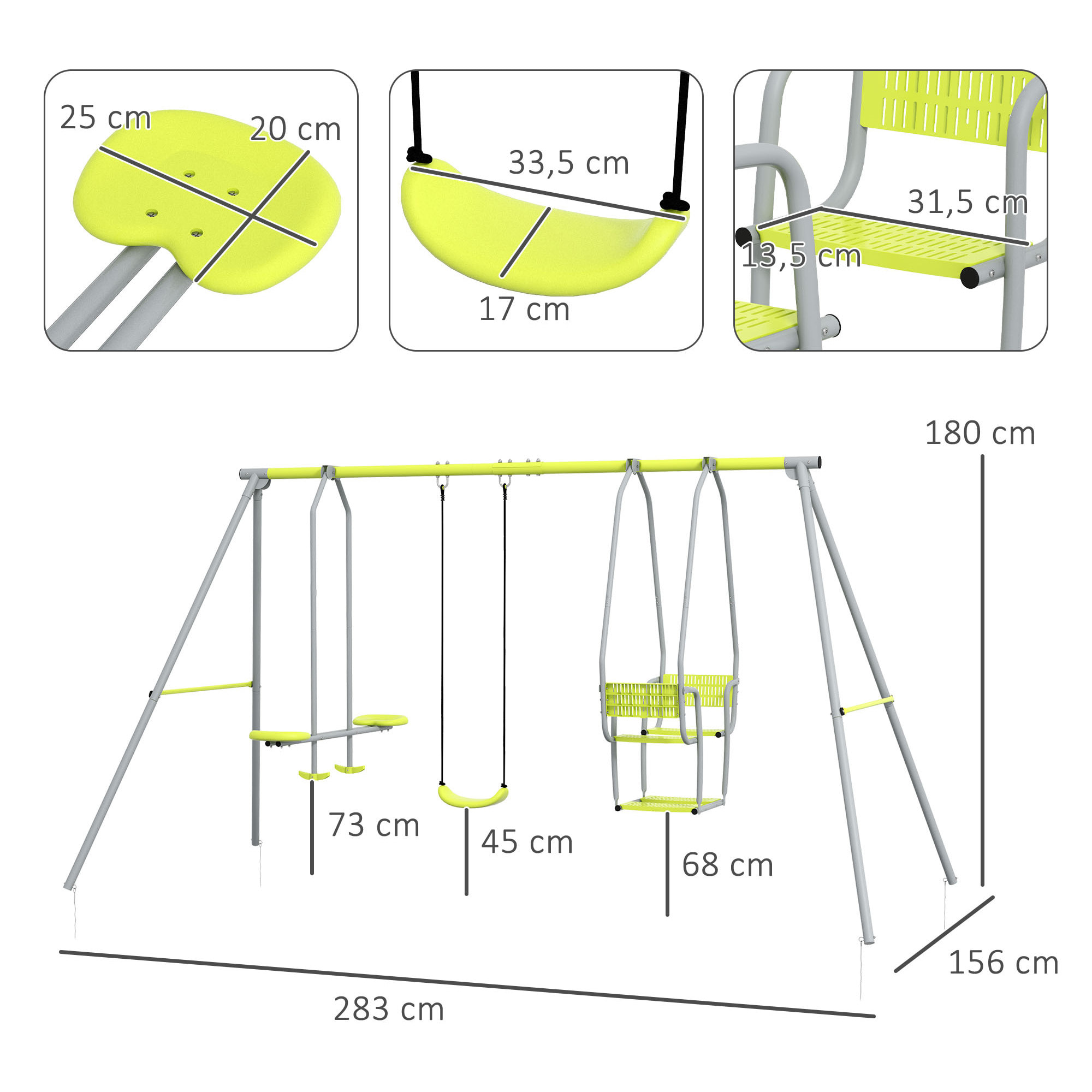 Balançoire 3 agrès portique 2 face à face et balançoire dim. 2,83L x 1,56l x 1,8H m métal époxy PE gris vert