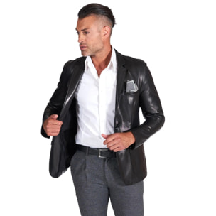 Blazer in pelle nappa nera con taschino e fazzoletto