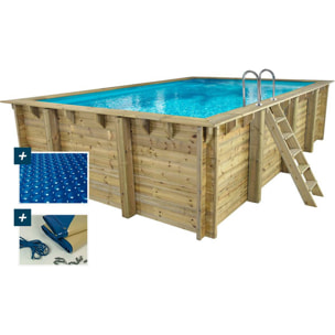 Piscina rettangolare in legno "Panama" - 6,20 x 4,10 x 1,45 m + Copertura a bolle 180 µ - Copertura invernale 280 g/m² +