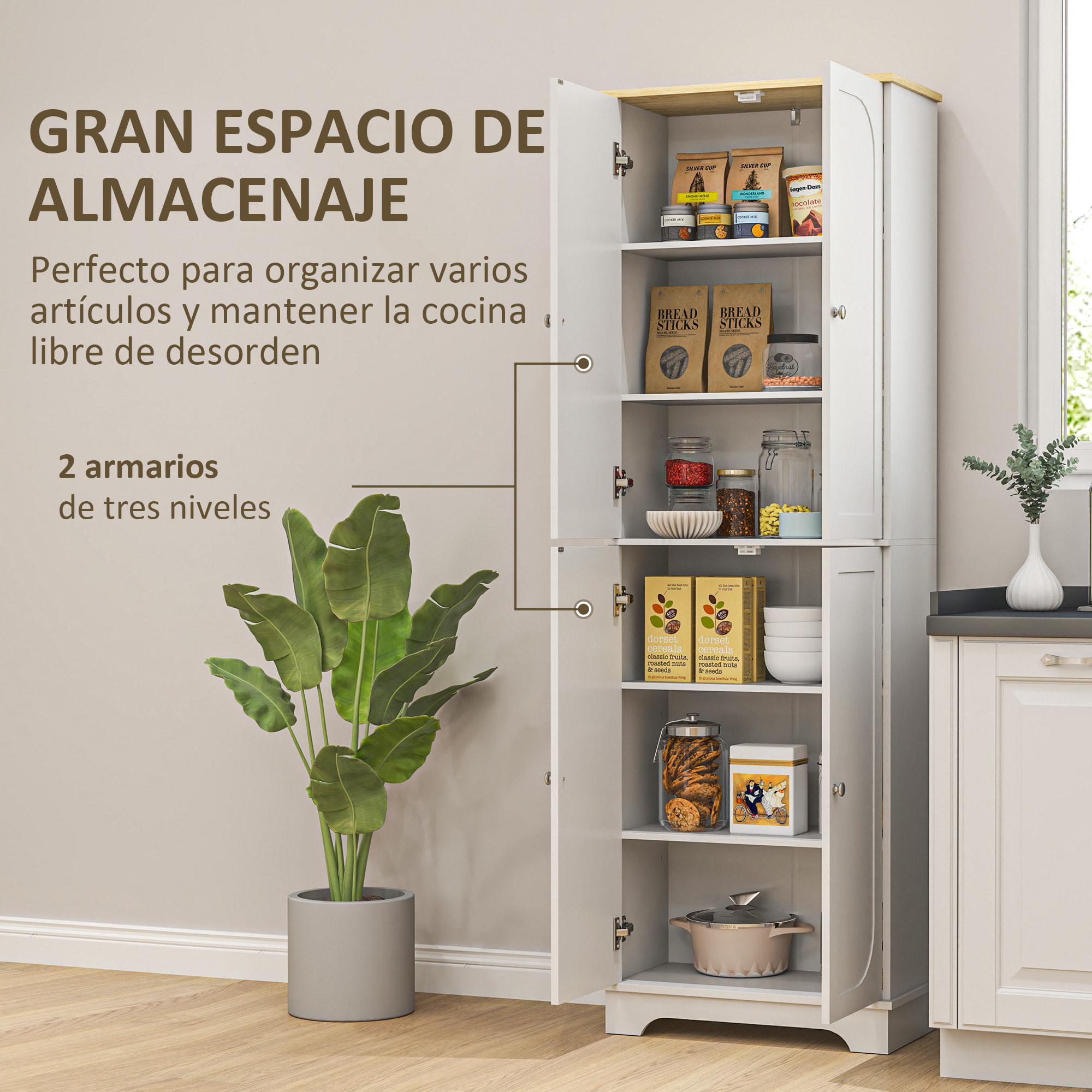 Alacena de Cocina Armario de Cocina Mueble Auxiliar de Cocina con 4 Puertas y Estantes Ajustables para Comedor Salón 60x30x183 cm Blanco