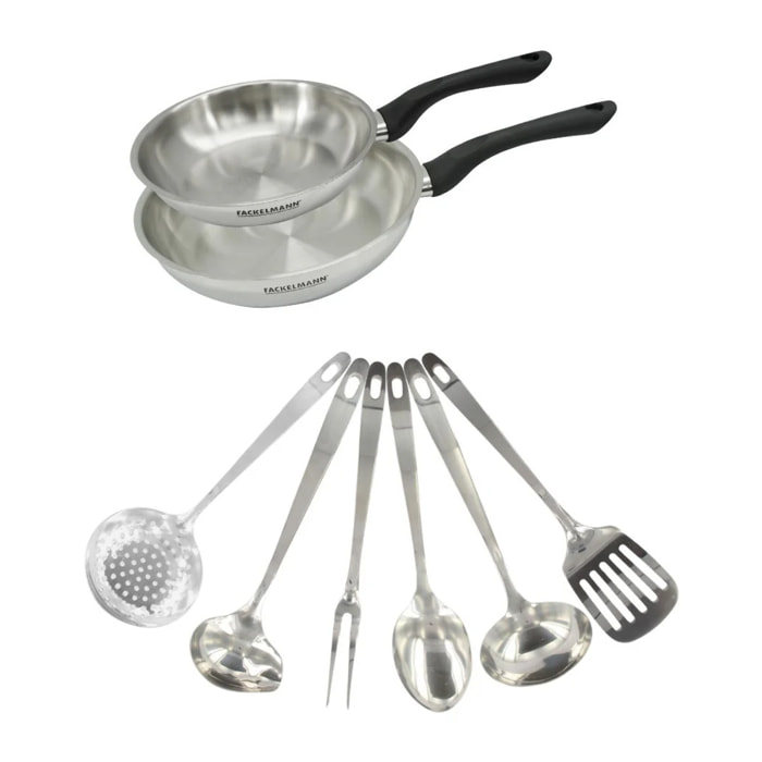 Set 2 poêles en inox et 6 ustensiles inox Fackelmann Geneva