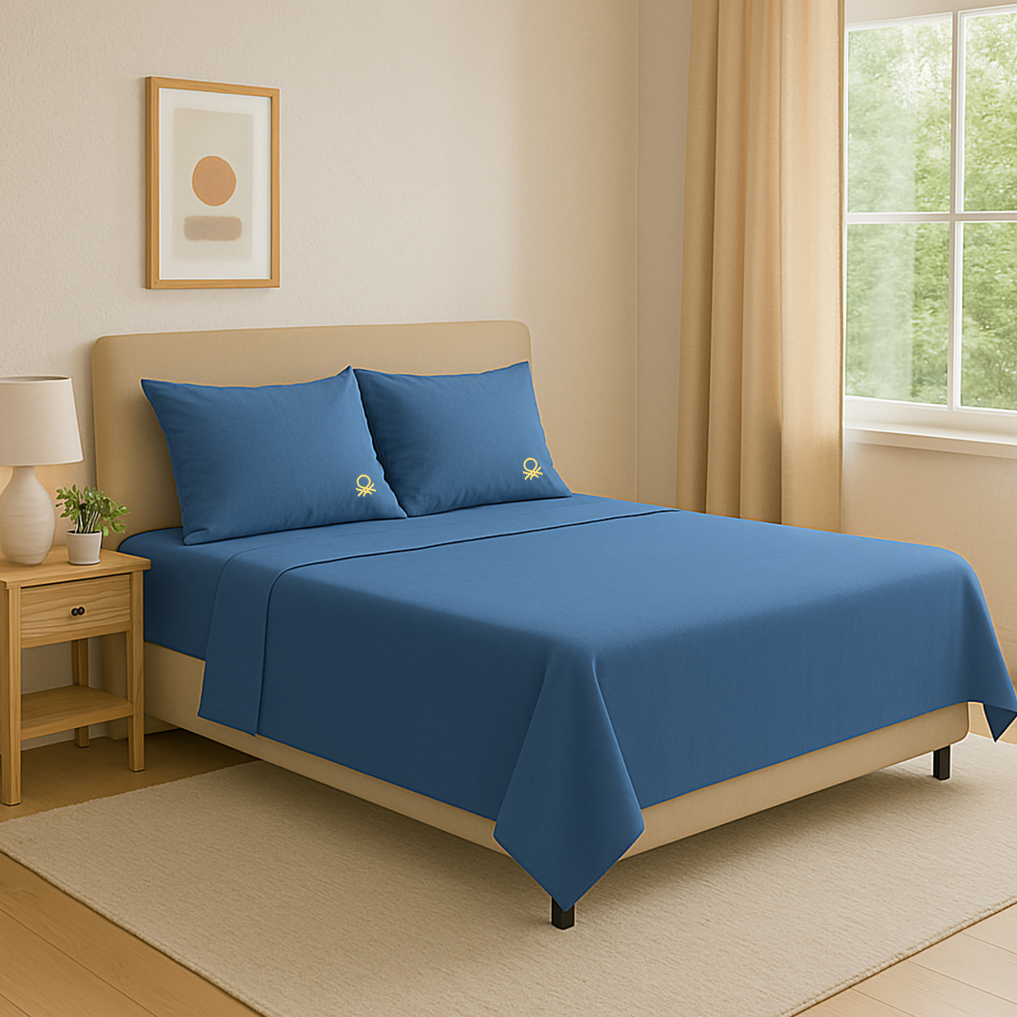 Set 4pzs sabana doble: sabana plana (240x280cm c/ dobladillo simple 5cm) + sabana bajera (160x200+40cm flap) + 2 funda de almohada (50x85cm) 100% alg