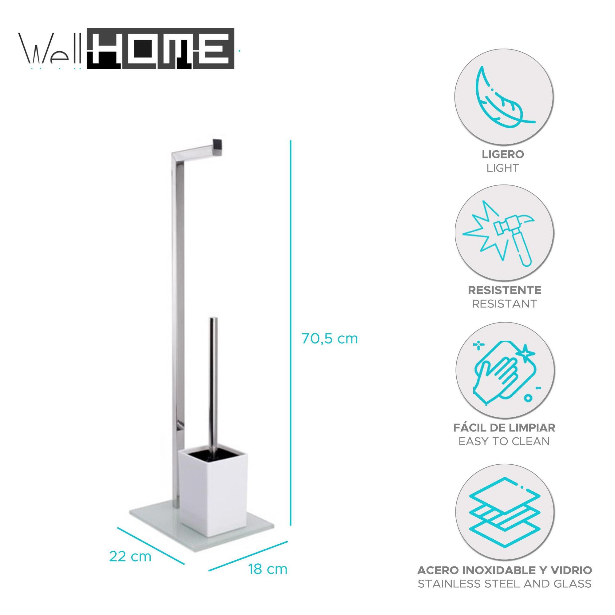 Soporte de papel higiénico con portaescobillas en acero inoxidable 22x18x70,5cm color Blanco