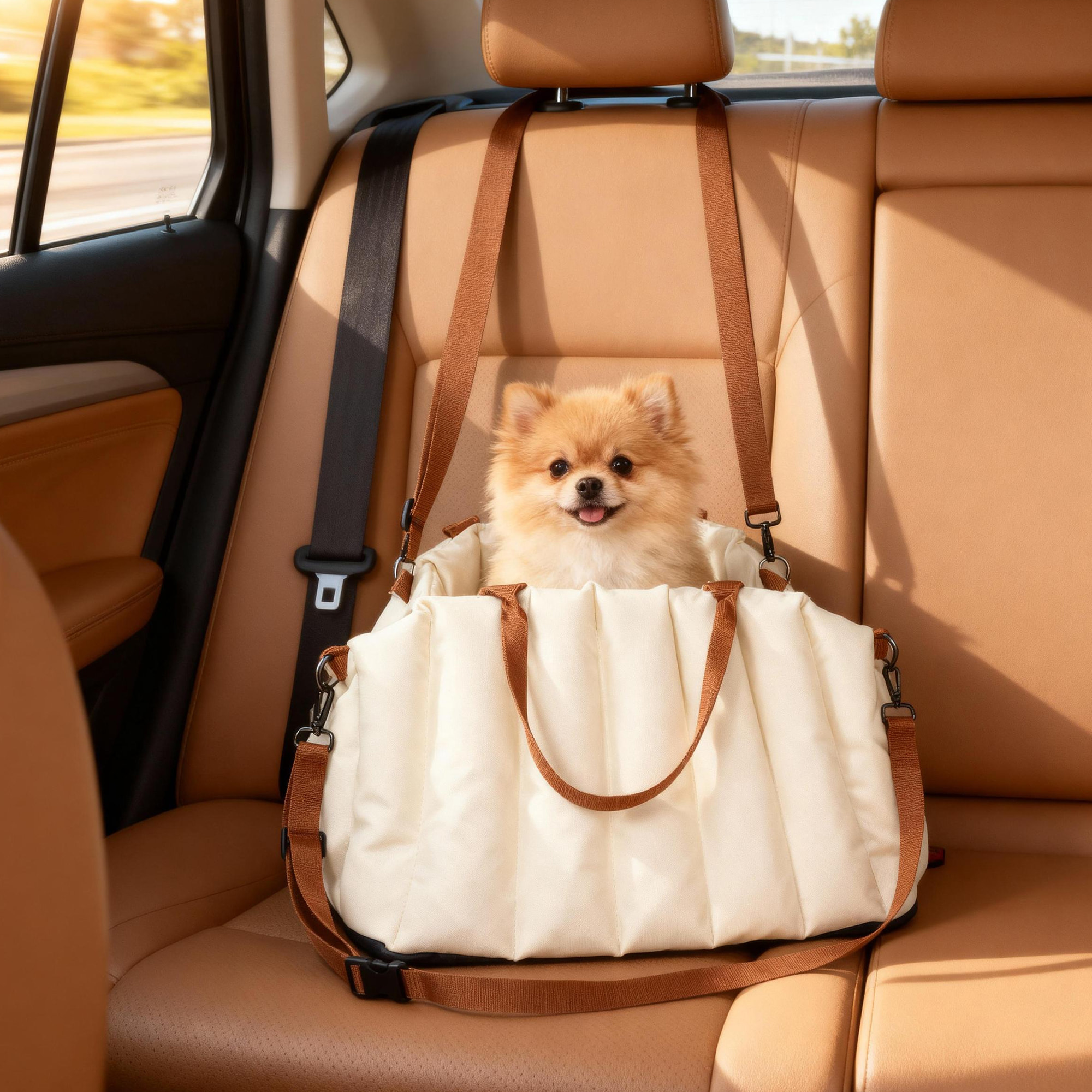 Asiento de Coche para Perros Pequeños, Asiento de Coche para Mascotas de hasta 5 kg con Cinturón de Seguridad y Base Antideslizante, Cama de Viaje Portátil con Funda Extraíble y Lavable, Crema
