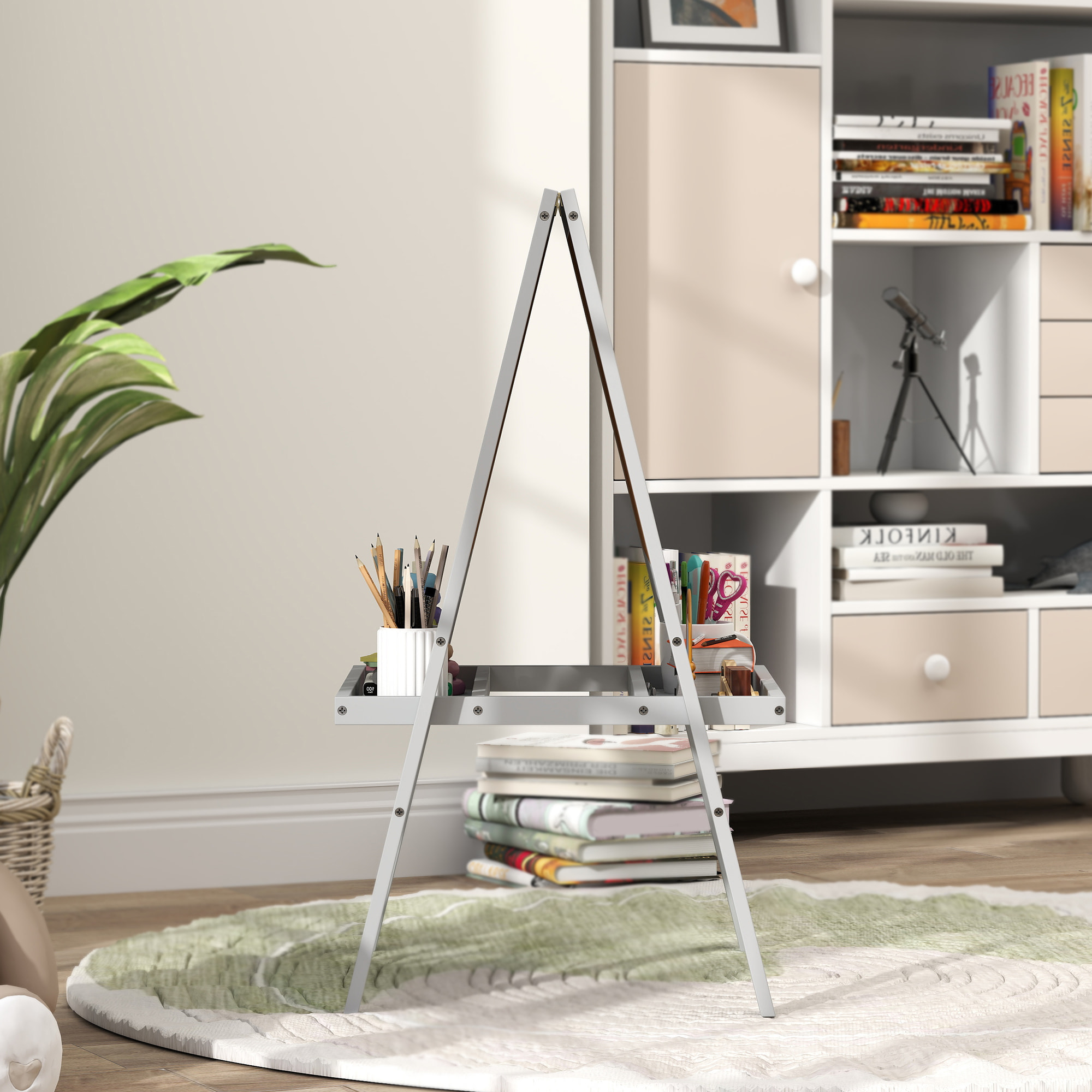 Tableau enfant double face tableau blanc et noir - 2 étagères intégrées - MDF gris