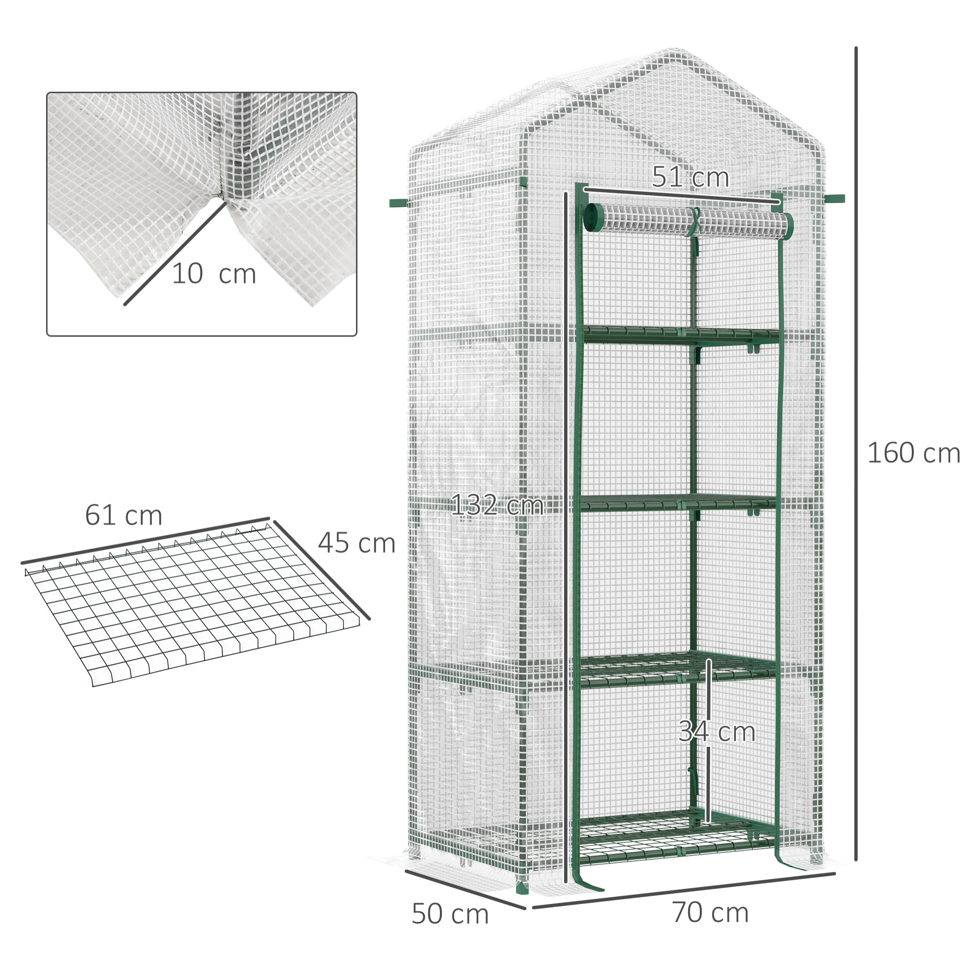 Serre de jardin balcon étagère serre 4 niveaux 0,7L x 0,5l x 1,6H m acier galvanisé bâche amovible PE haute densité blanc