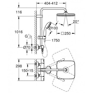 Pack douche : Porte coulissante 120cm + Paroi latérale 80cm + Colonne de douche avec mitigeur + Receveur 120x80cm Noir