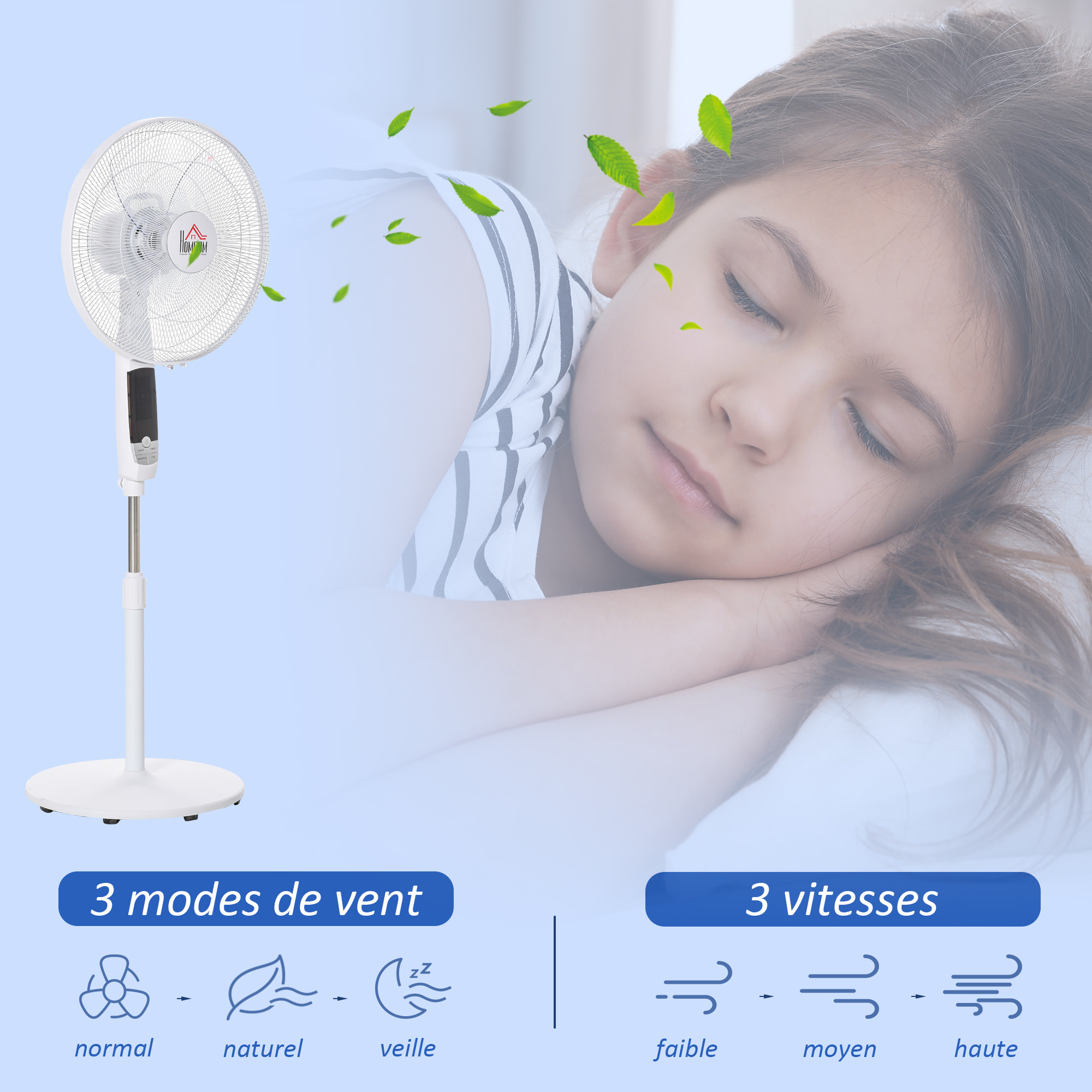 Ventilateur sur pied Ø 45 cm hauteur réglable oscillant silencieux 50 W avec télécommande timer 3 modes 3 vitesses blanc