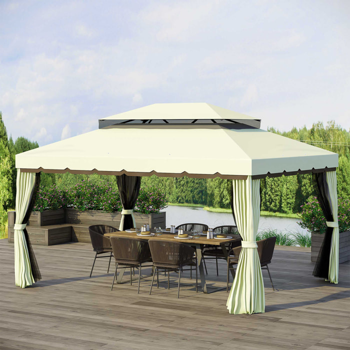 Cenador de Jardín de Aluminio 4x3 m Gazebo Pabellón con Techo de Ventilación 4 Cortinas Laterales 4 Mosquiteras y 8 Orificios de Drenaje para Fiestas Eventos Bodas Crema