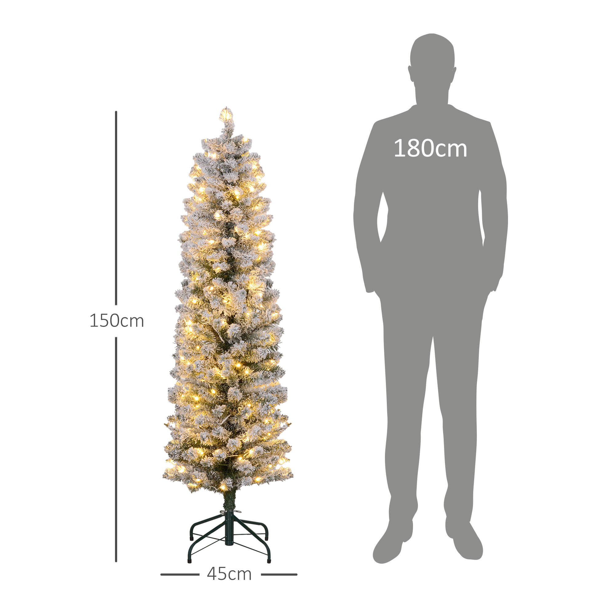 Sapin de Noël artificiel LED H.150 cm - sapin de Noël mince enneigé - 263 branches 120 LED blanc chaud