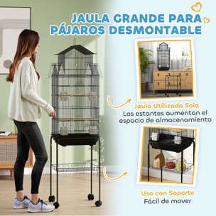 Jaula para Pájaros con Ruedas Pajarera de Acero con Comederos Perchas Columpio y Bandeja Extraíble Jaula Grande para Loros Canario Periquito 50,5x41x163 cm Negro