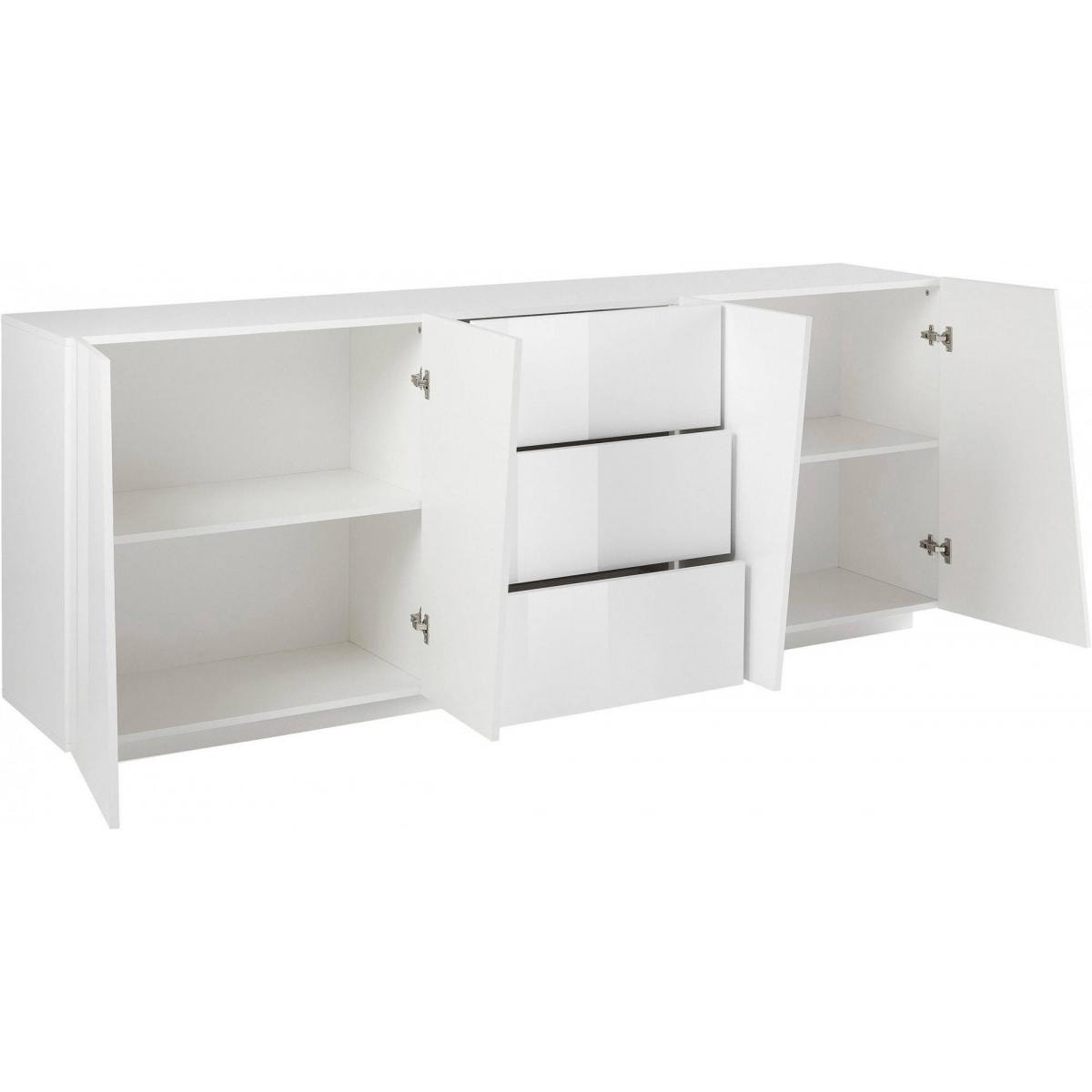 Credenza moderna a 4 ante e 3 cassetti, Made in Italy, Madia da cucina, Buffet di design da soggiorno, cm 220x43h86, colore Bianco lucido