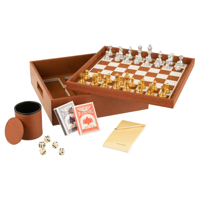 J-Line Boite Jeu De Cartes+Echecs Simili Cuir Cognac